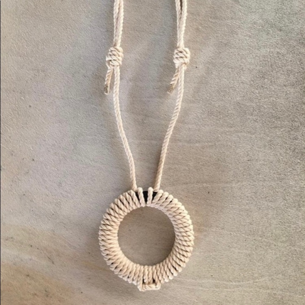 XL statement beige cotton rope adjustable necklace with black 6 in diamater ring